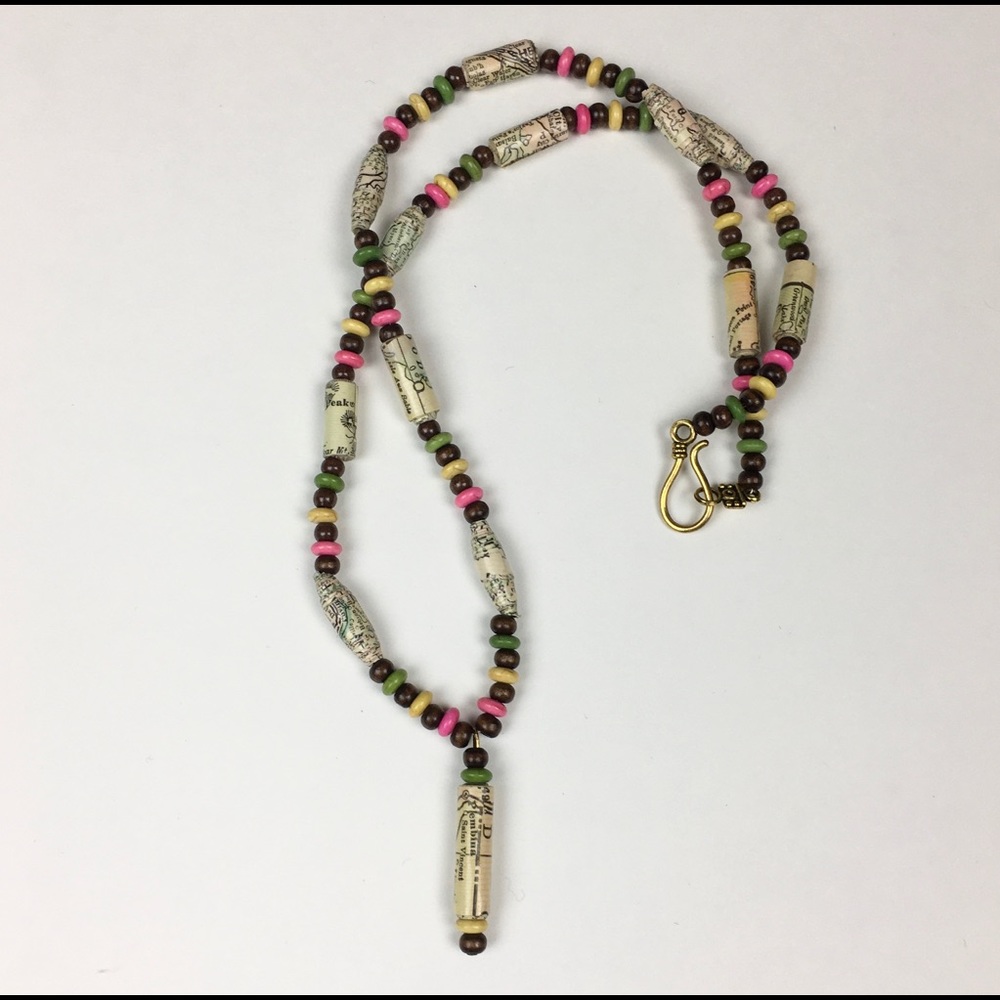 Handmade Necklace with Vintage Map Beads & Pendant